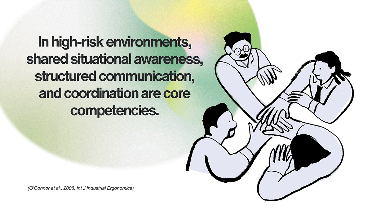 In high-risk environments, shared situational awareness, structured communication, and coordination are core competencies